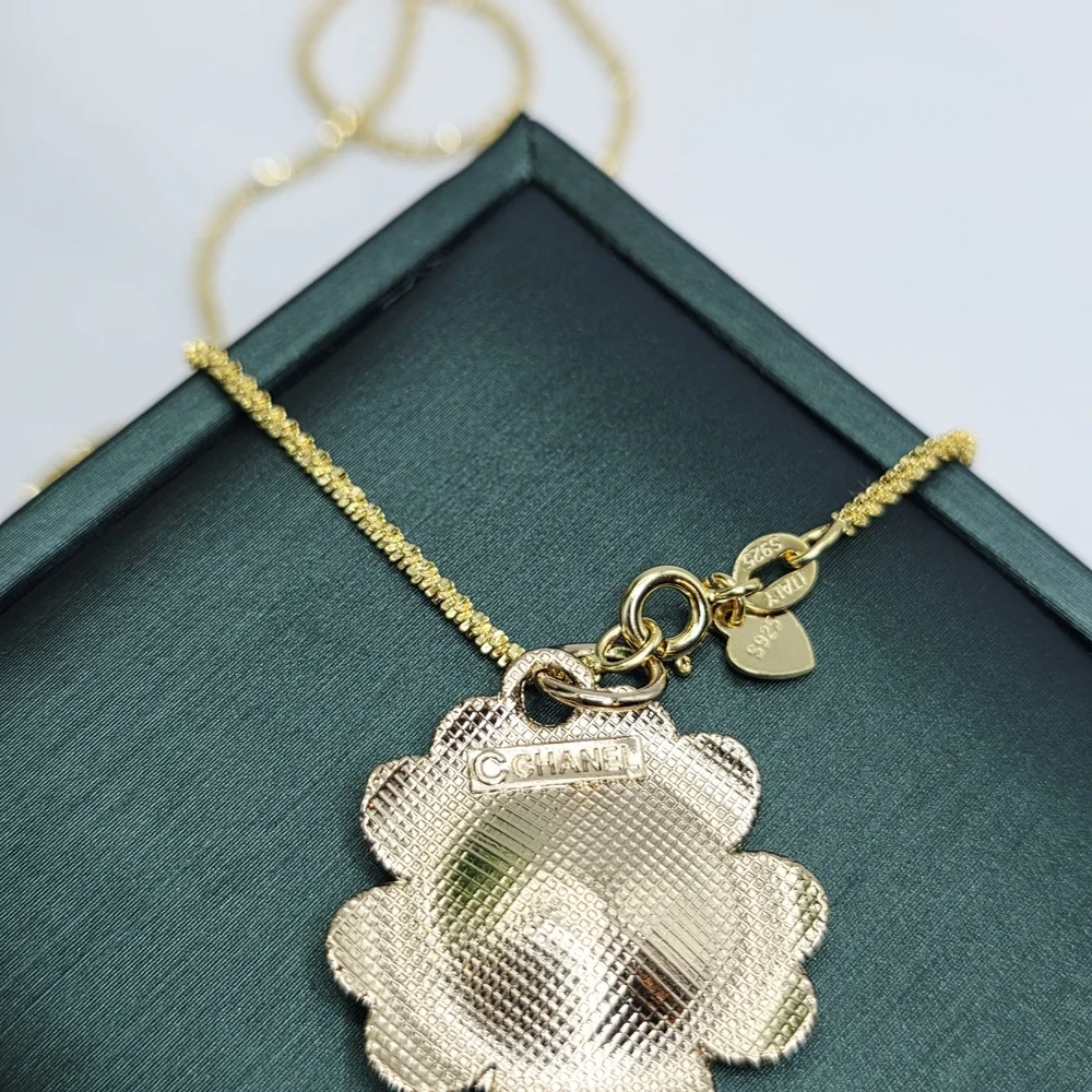 Chanel Pink Camellia Flower Pendant Necklace Pearl Center • 20" Gold Rope 925 - Picture 3 of 3